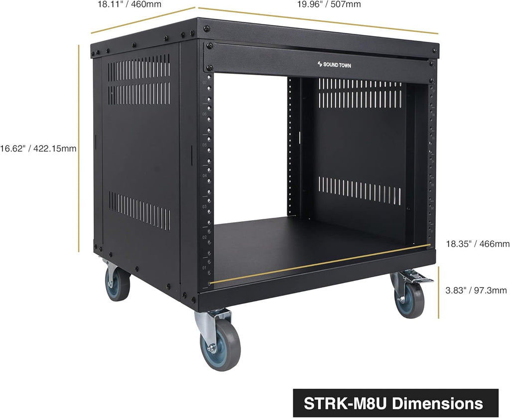 8U Steel Rack with 3" Locking Casters and Vented Side Panels W63255