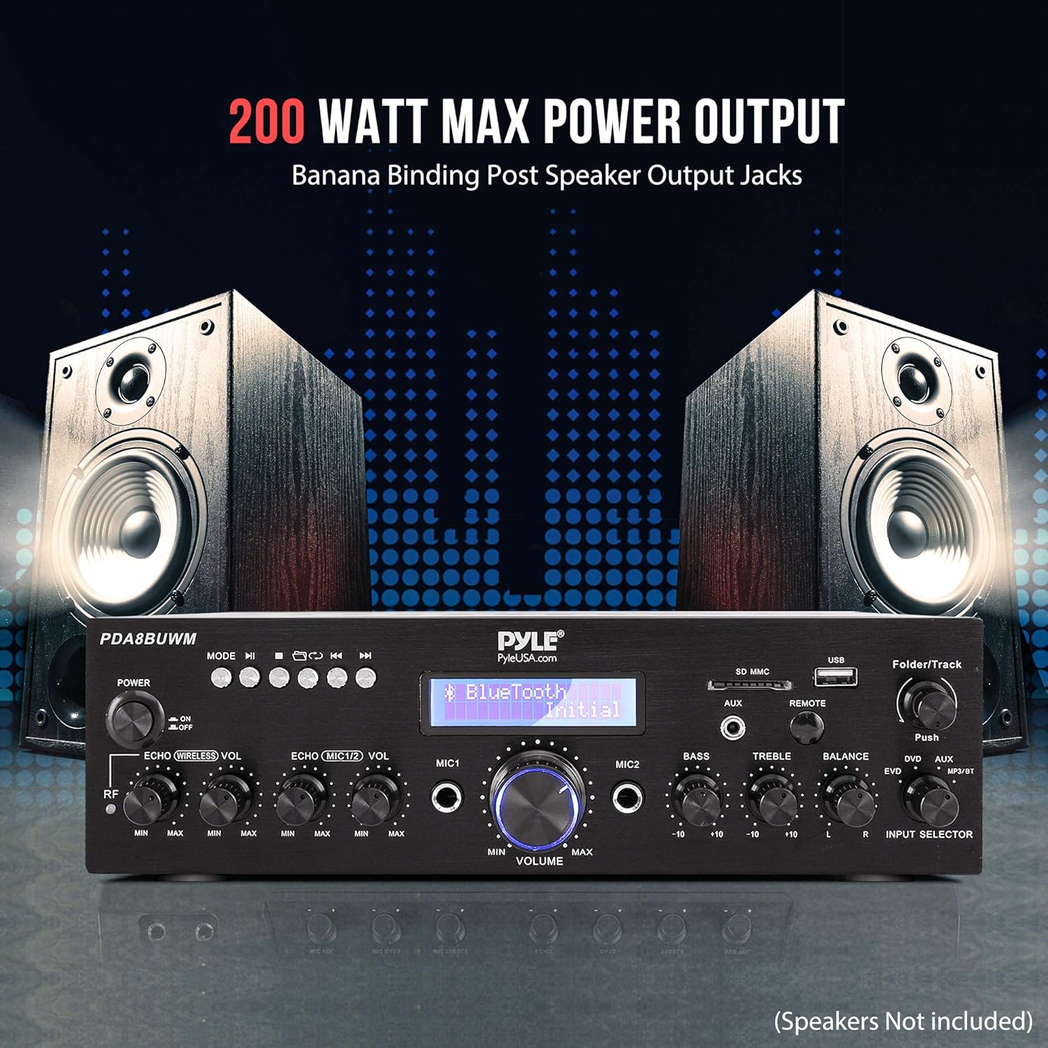 200W Dual Channel Wireless Microphone Amplifier Speaker System with USB, AUX, Echo, Radio Y456816