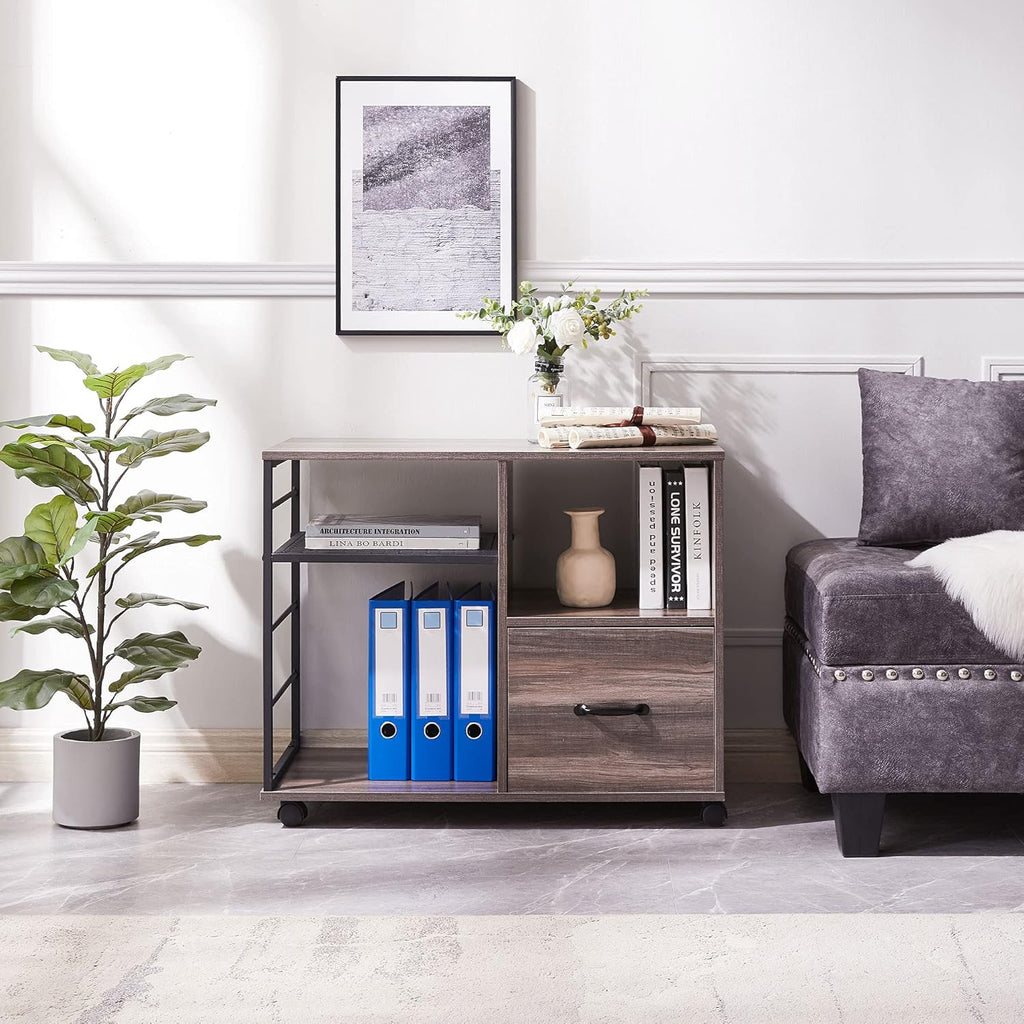Retro Grey Rolling File Cabinet with Drawer and Open Storage Shelves R218163