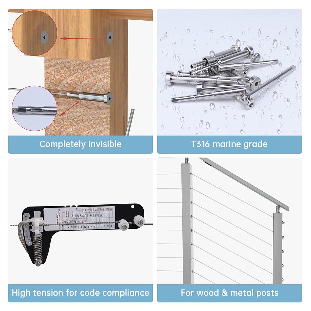 20Pair Cable Railing Kit Invisible 1/8 T316 Stainless Steel Swage Tensioner Terminal Hidden System X764332