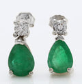 14K Solid White Gold Stud Earrings with Natural Emerald and Diamond E916603