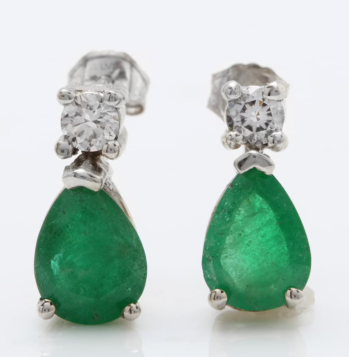 14K Solid White Gold Stud Earrings with Natural Emerald and Diamond E916603