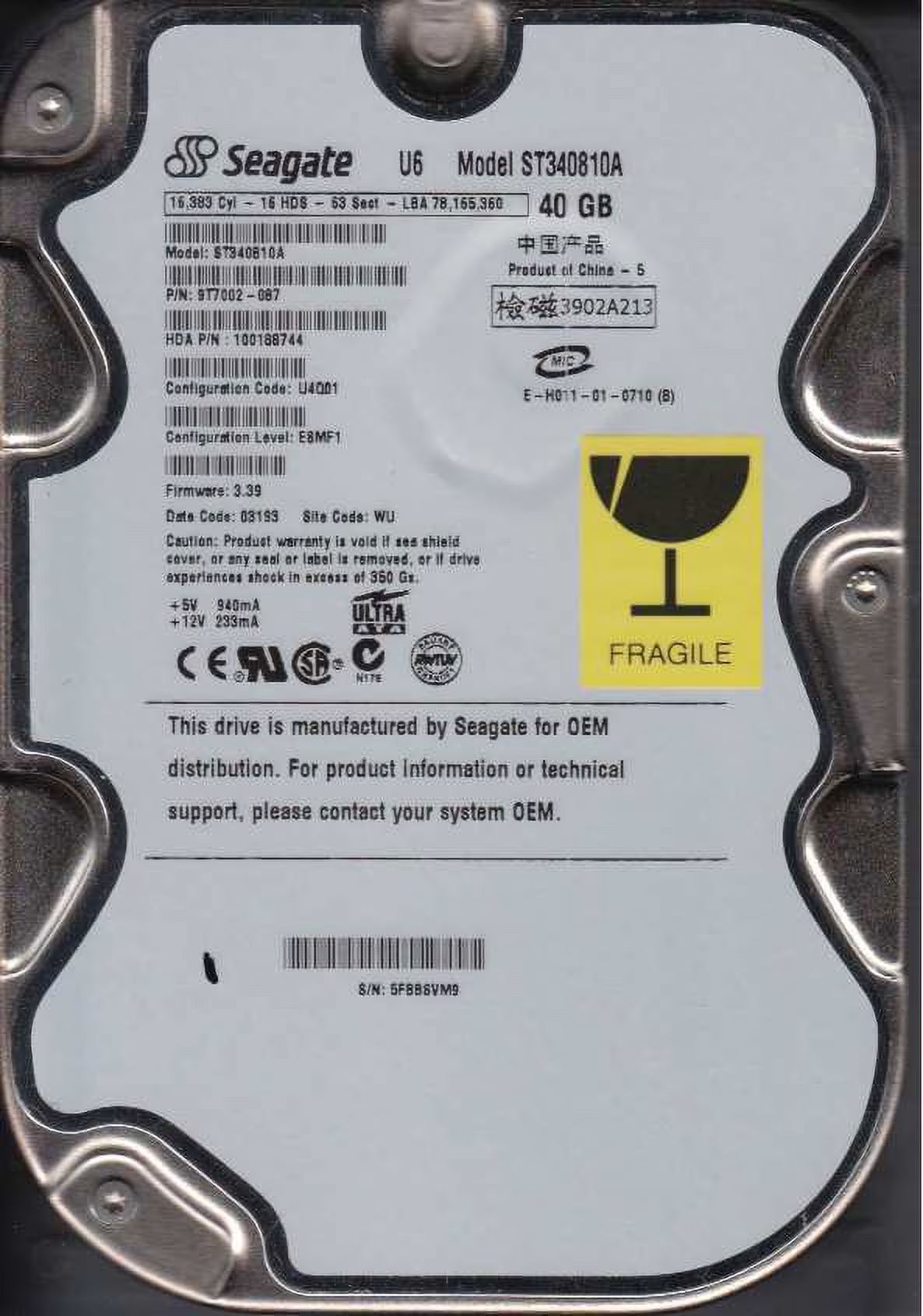 40GB IDE 3.5 Hard Drive V604