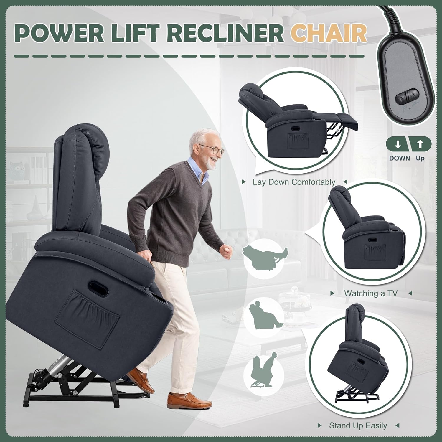 Blue Fabric Power Lift Recliner Chair with Massage and Heat E641