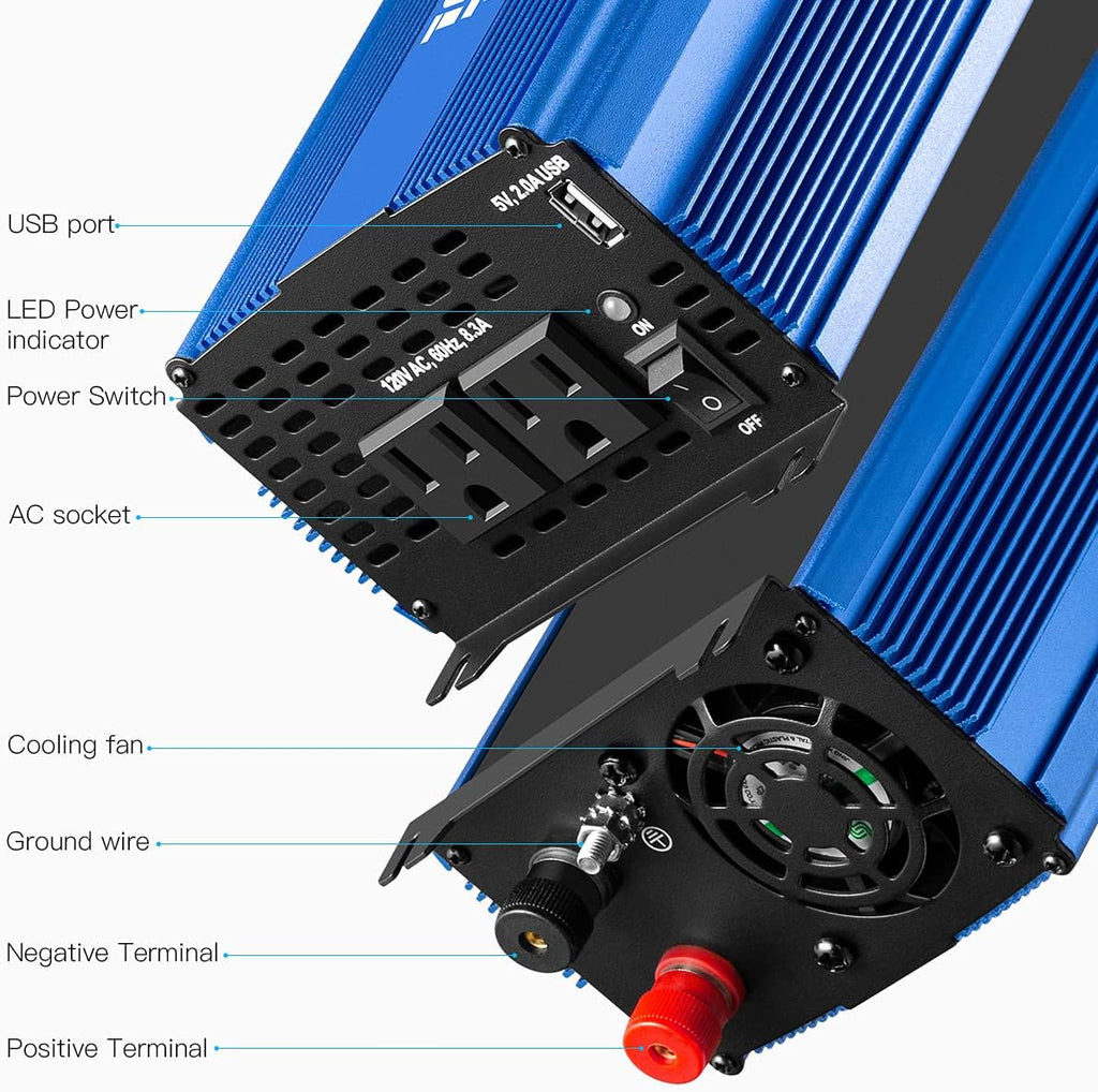 Pure Sine Wave Inverter 1000W DC 12V to AC 110V Car Power Inverter with Dual AC Outlets & 2A USB Ports J70101