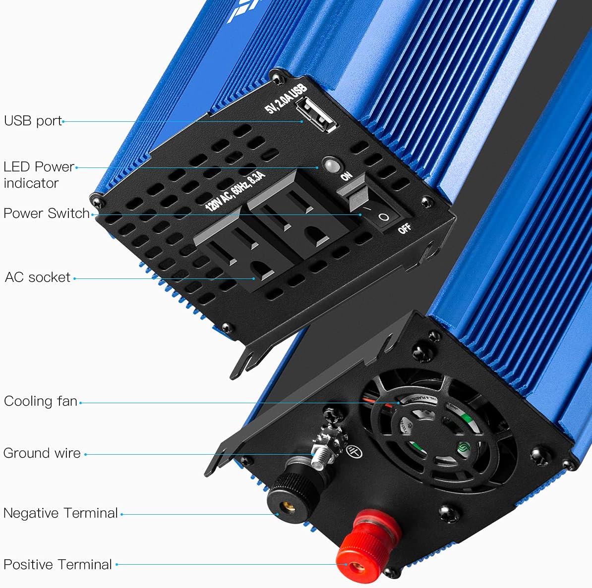 Pure Sine Wave Inverter 1000W DC 12V to AC 110V Car Power Inverter with Dual AC Outlets & 2A USB Ports J70101
