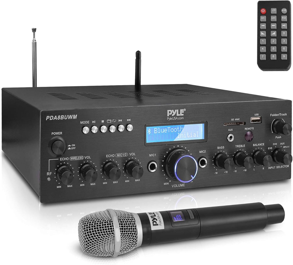 200W Dual Channel Wireless Microphone Amplifier Speaker System with USB, AUX, Echo, Radio Y456816