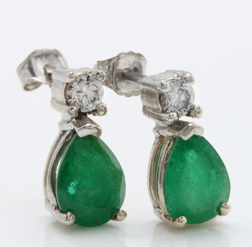 14K Solid White Gold Stud Earrings with Natural Emerald and Diamond E916603