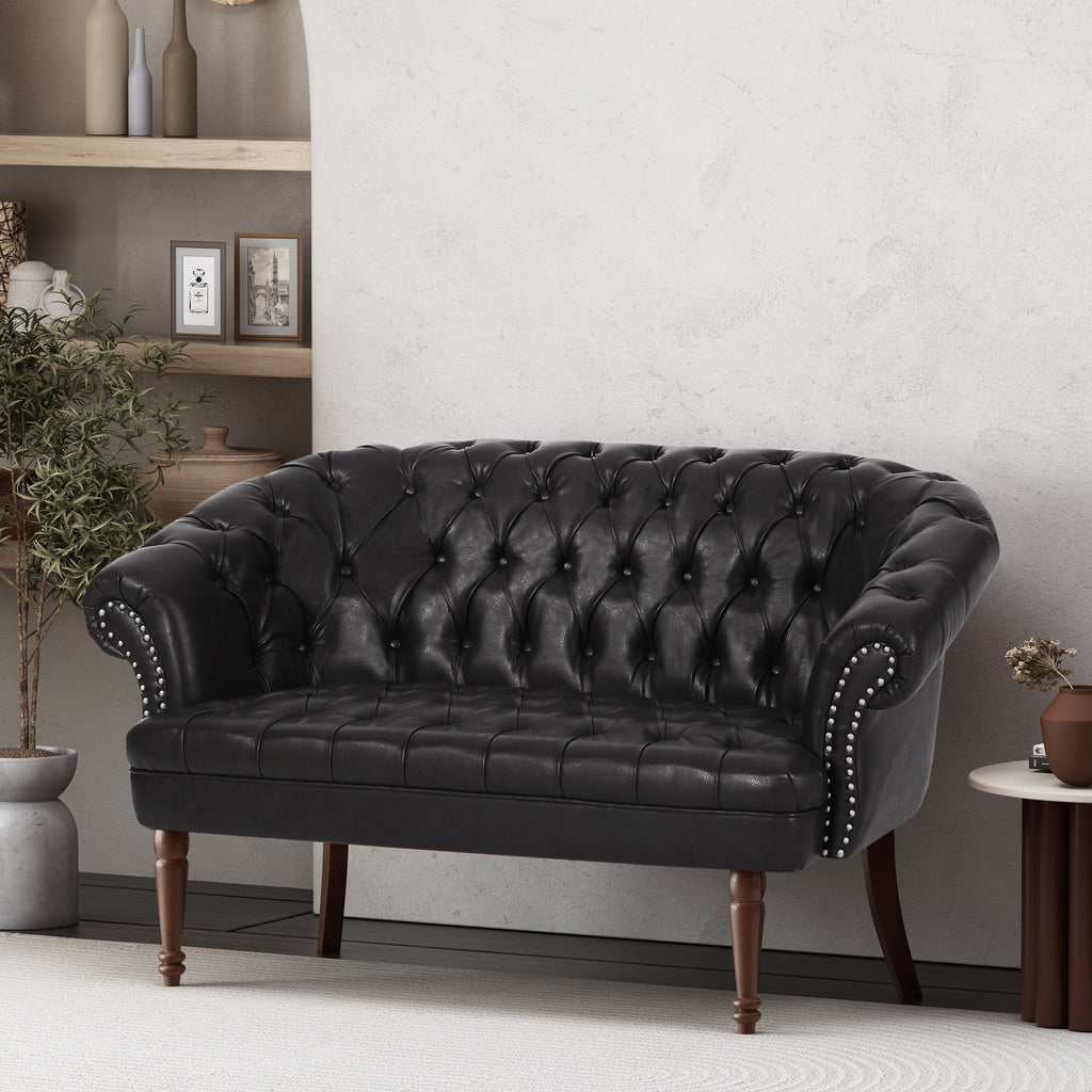 Midnight Black Leather Tufted Loveseat C74360