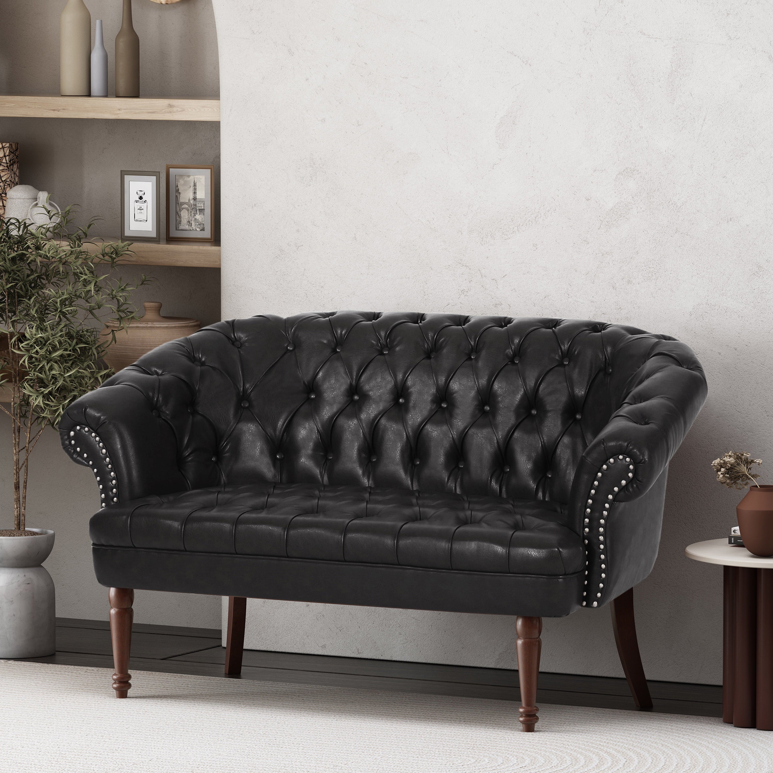 Midnight Black Leather Tufted Loveseat C74360