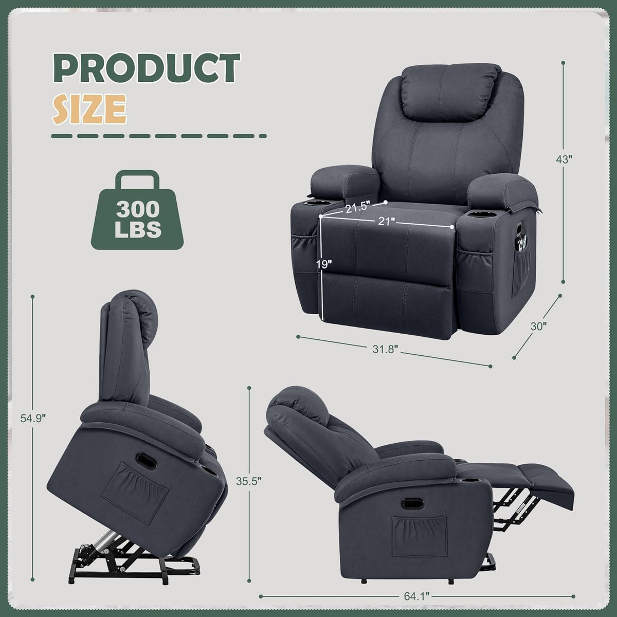 Blue Fabric Power Lift Recliner Chair with Massage and Heat E641