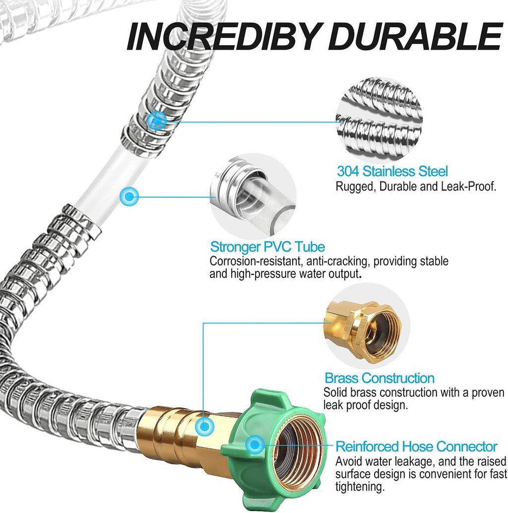 Steel Metal Garden Hose 100FT Heavy Duty Lightweight 304 Stainless Steel Water Hose with Brass Nozzle, Silver Pack of 2 V44908