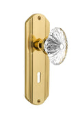 Oval Fluted Crystal Glass Door Knob with Keyhole Privacy Plate, Unlacquered Brass E194677