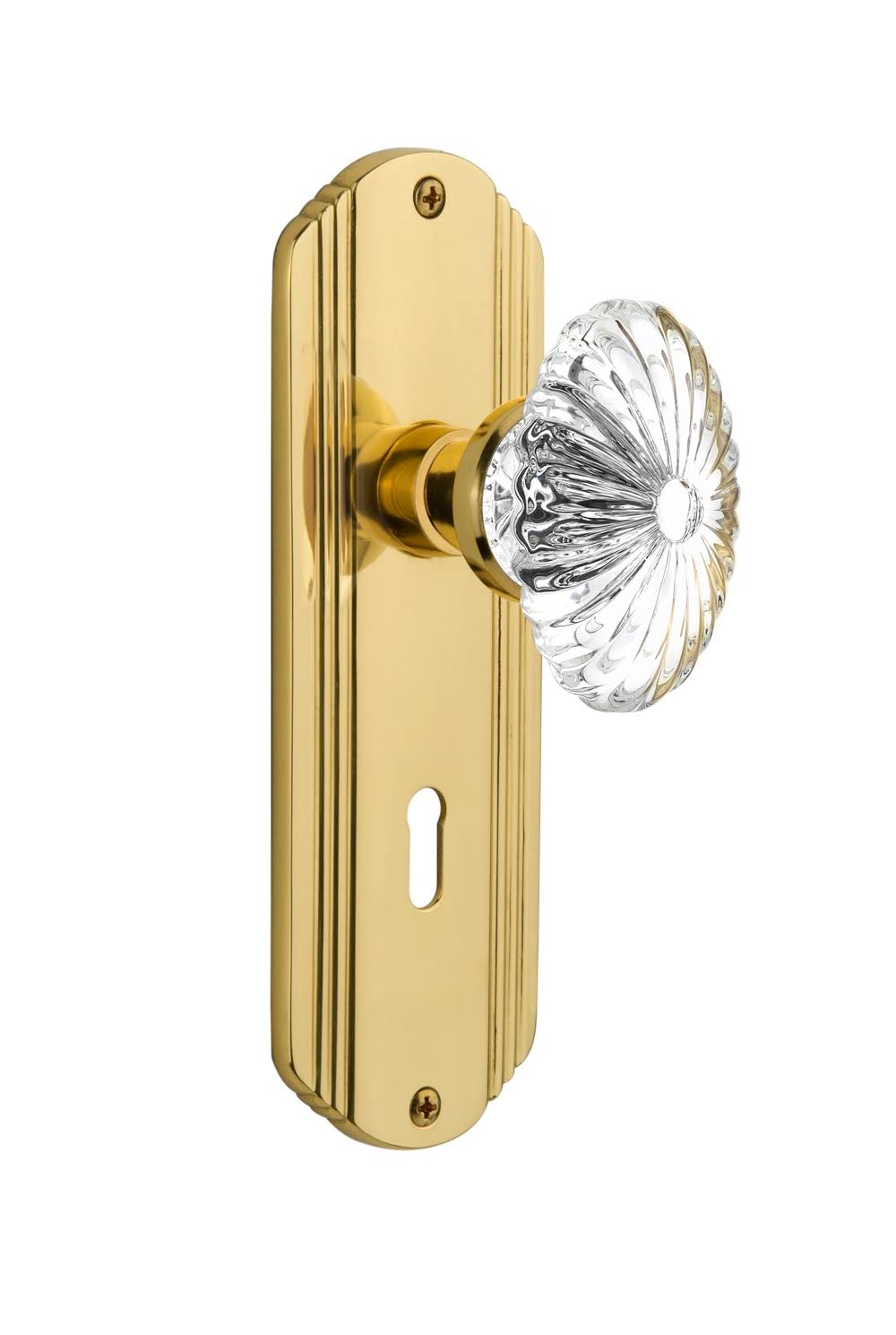 Oval Fluted Crystal Glass Door Knob with Keyhole Privacy Plate, Unlacquered Brass E194677