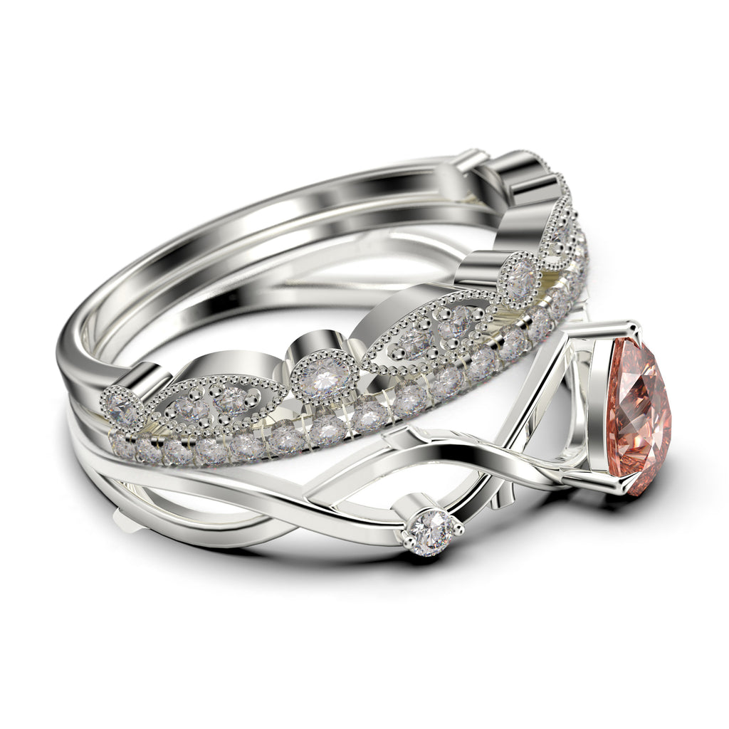 2.10 Carat Pear Cut Morganite And Diamond Moissanite Engagement Ring in 925 Sterling Silver With 18k White Gold Plating, Trio Ring Set U414