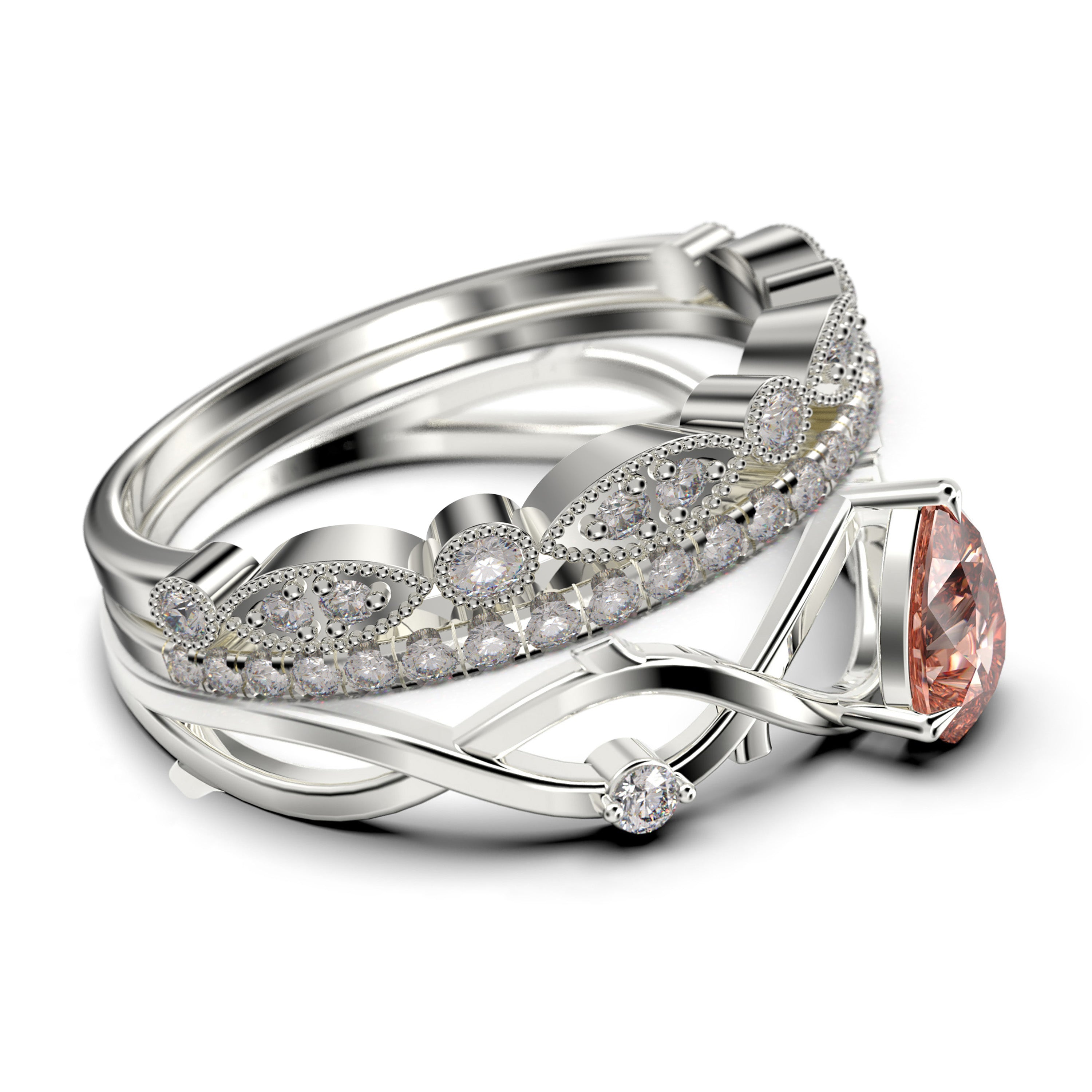 2.10 Carat Pear Cut Morganite And Diamond Moissanite Engagement Ring in 925 Sterling Silver With 18k White Gold Plating, Trio Ring Set U414