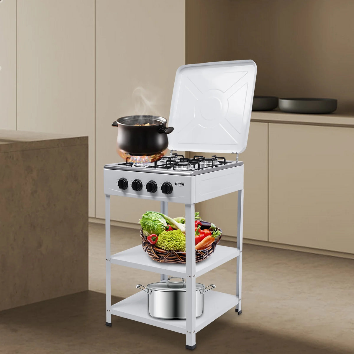 Portable 4 Burner Gas Stove with Support Leg Stand and Storage Rack J1771