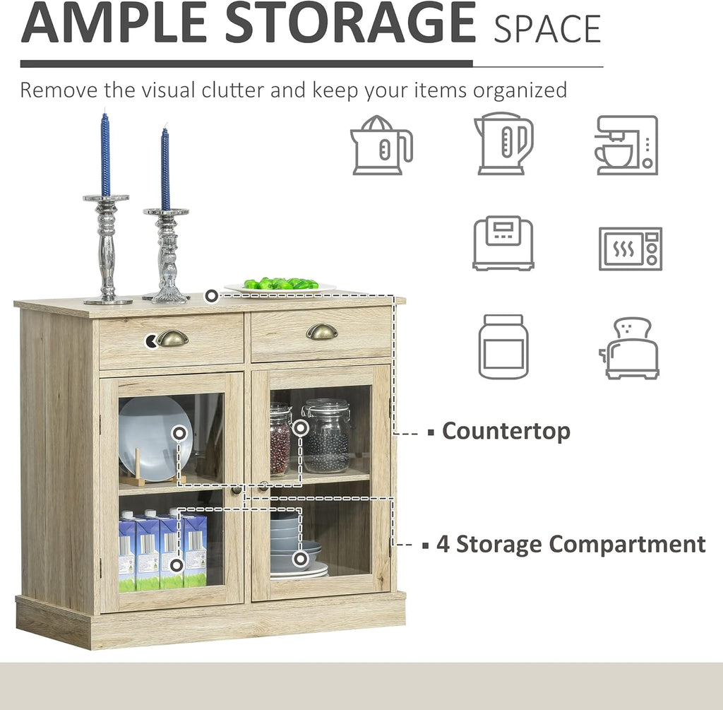Rustic Oak Sideboard Storage Cabinet with 2 Glass Doors and 2 Drawers K530