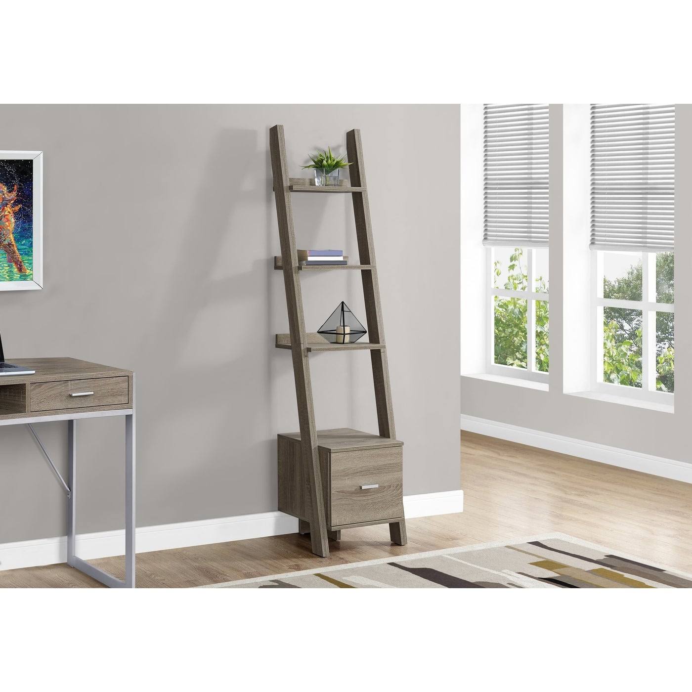 Dark Taupe Ladder Bookcase with Storage Drawer A97142