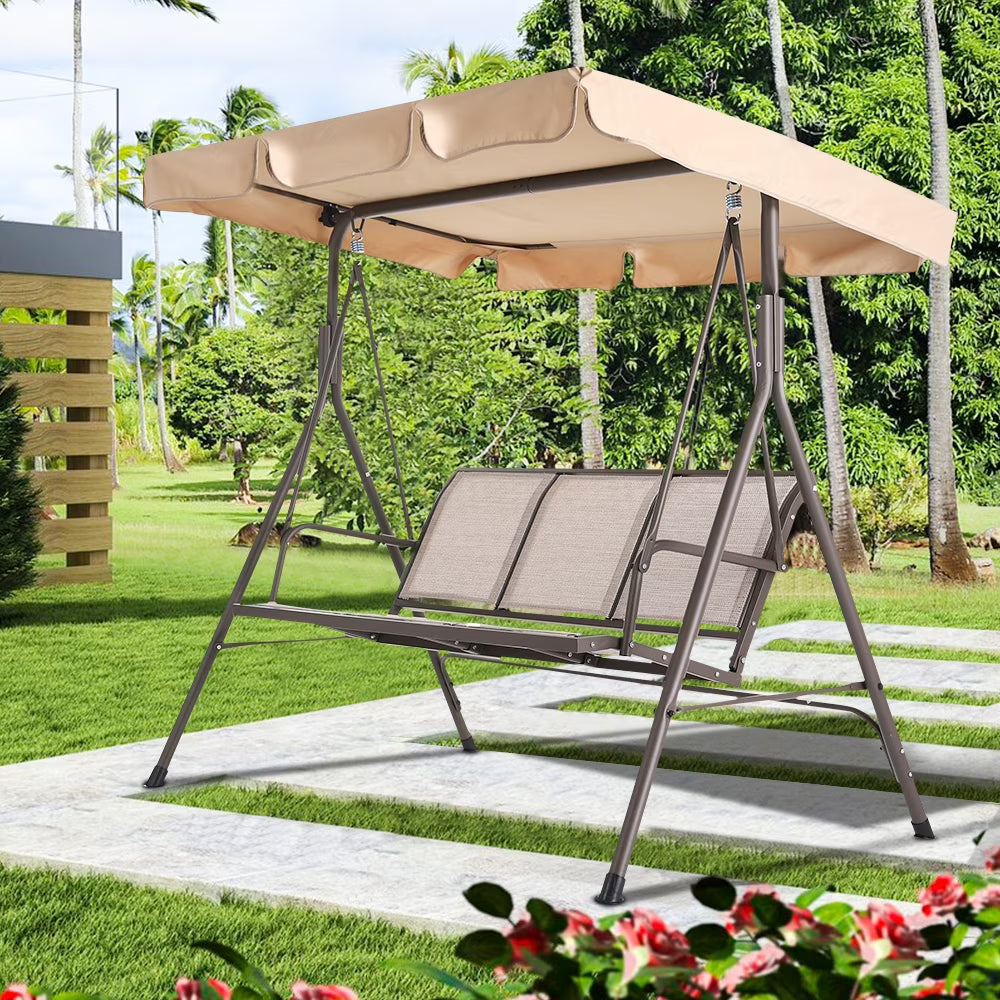 3 Person Outdoor Patio Swing with Canopy Metal Frame Textilene Seats U619
