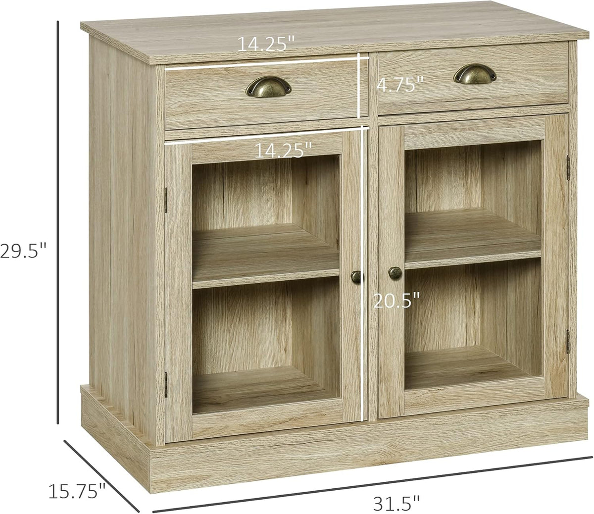 Rustic Oak Sideboard Storage Cabinet with 2 Glass Doors and 2 Drawers K530