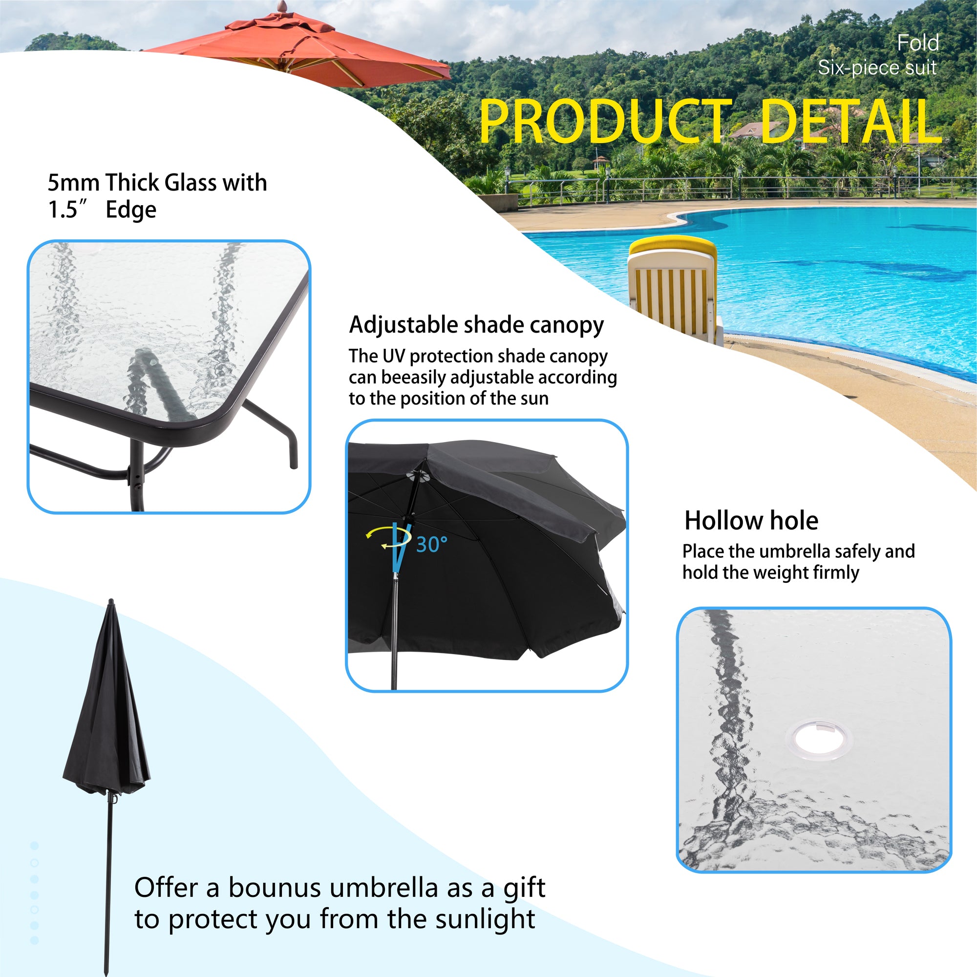 6 Piece Patio Dining Set with Umbrella, 4 Folding Chairs, Tempered Glass Top Dining Table Black X947873