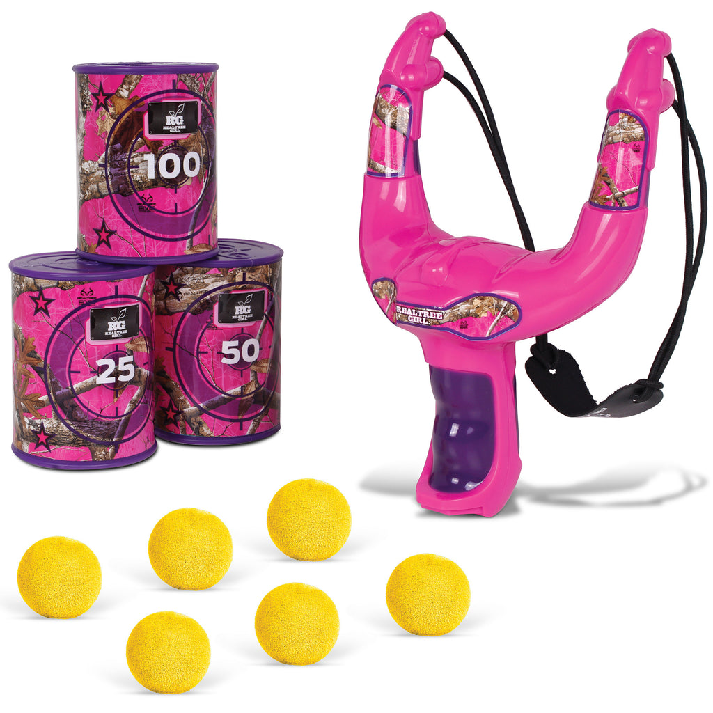Pink Toy Slingshot Set with 6 Foam Balls & 3 Can Targets J702