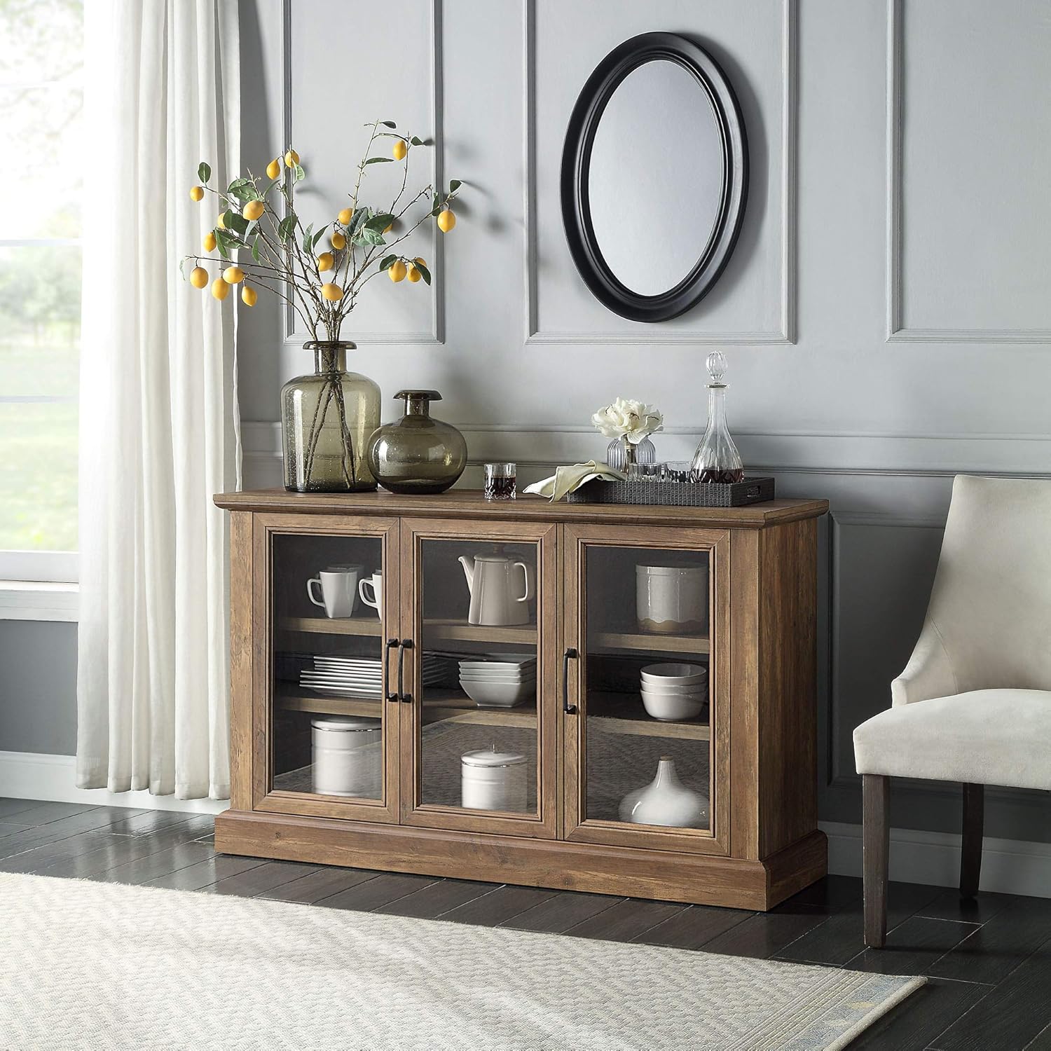 Rustic Grey Wood Sideboard Buffet with Storage Cabinet, Glass Doors, and Adjustable Shelves Z583