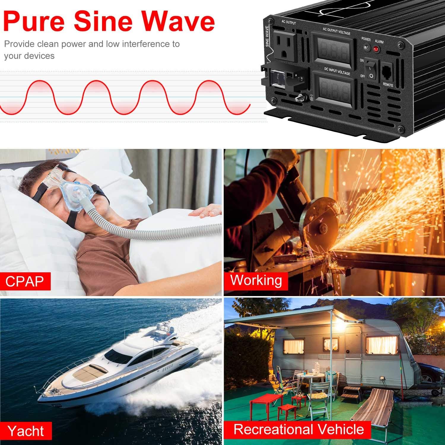 3000W Pure Sine Wave Power Inverter DC24V to 110V 120V AC Converter X598