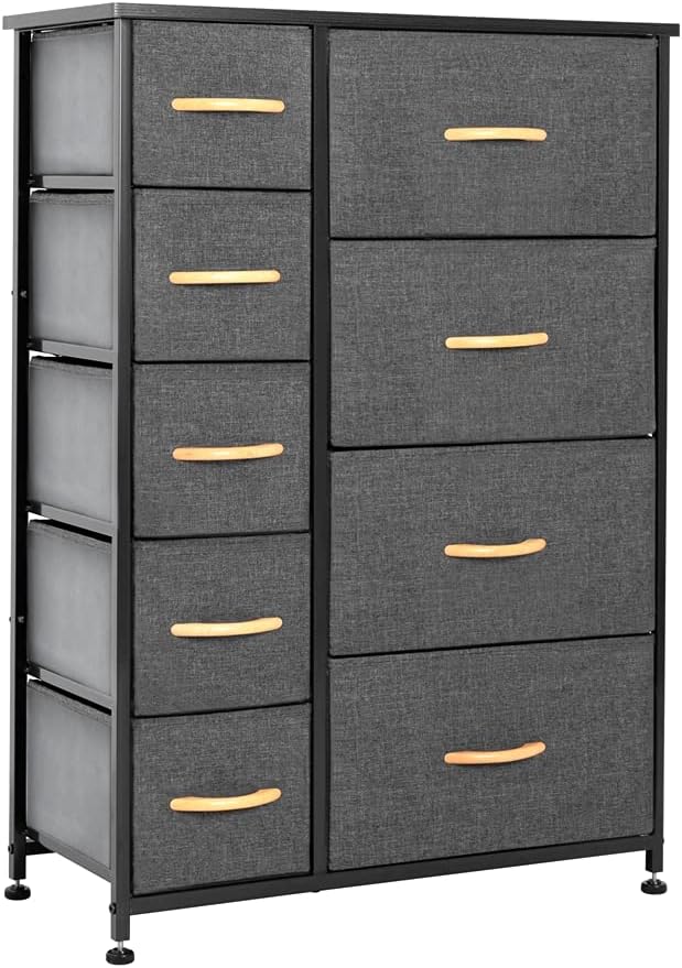 Gray 9 Drawers Vertical Dresser Storage Tower with Steel Frame and Fabric Bins H59862