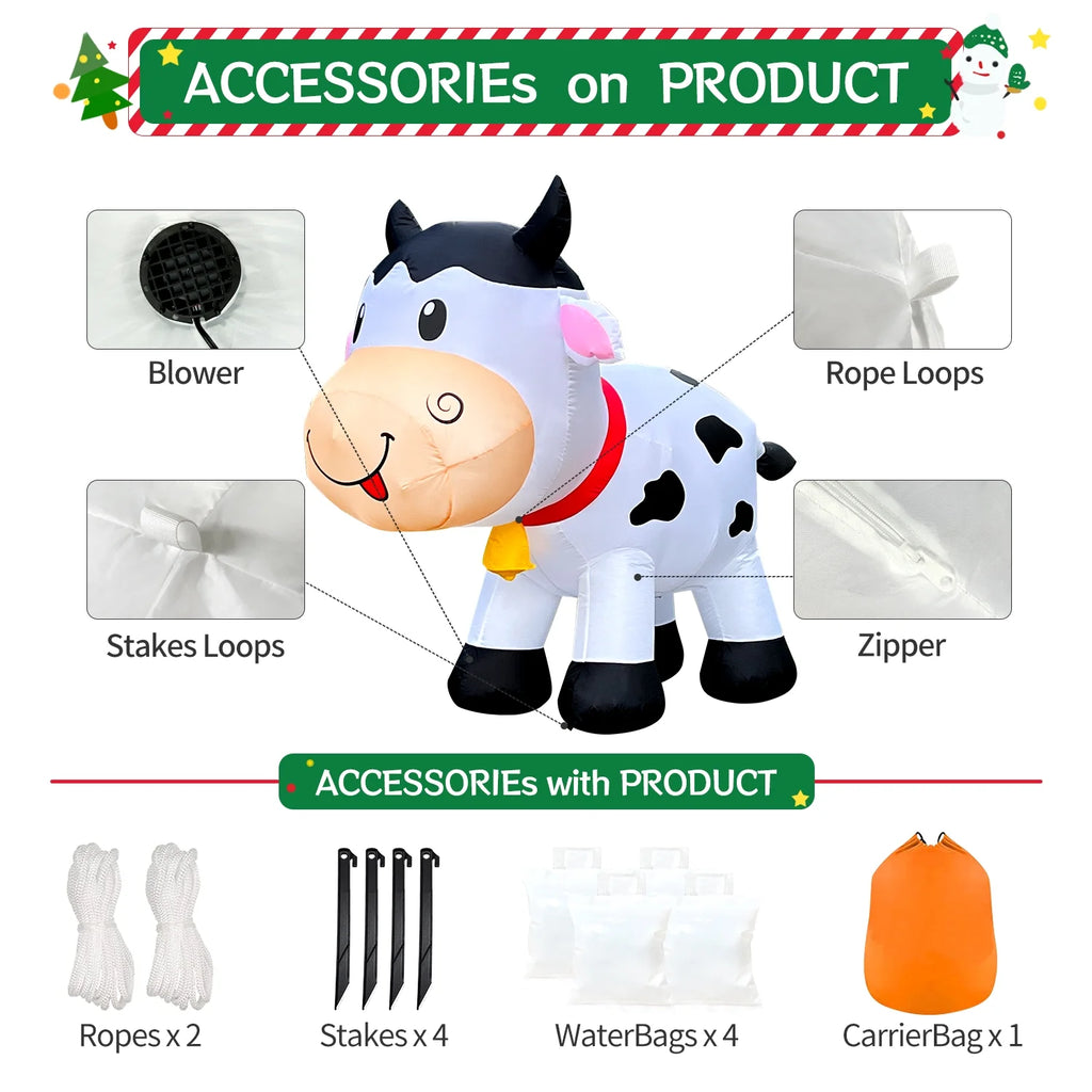 6FT Christmas Cow Inflatables Outdoor Yard Decorations with Built-in LED Lights W341