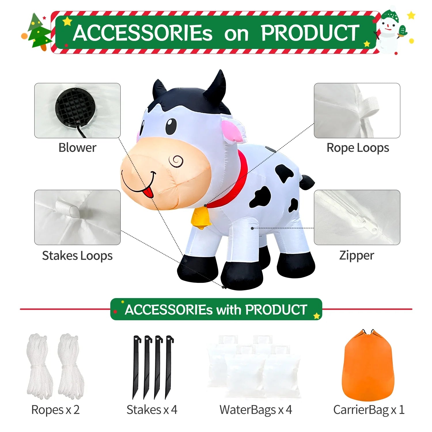 6FT Christmas Cow Inflatables Outdoor Yard Decorations with Built-in LED Lights W341