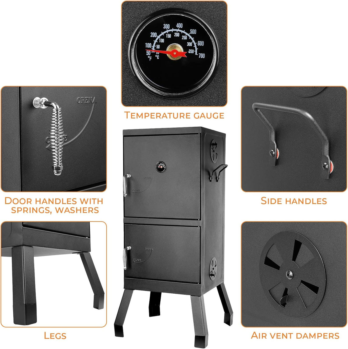 Black Square Charcoal Water Smoker and Grill with Thermometer A6185