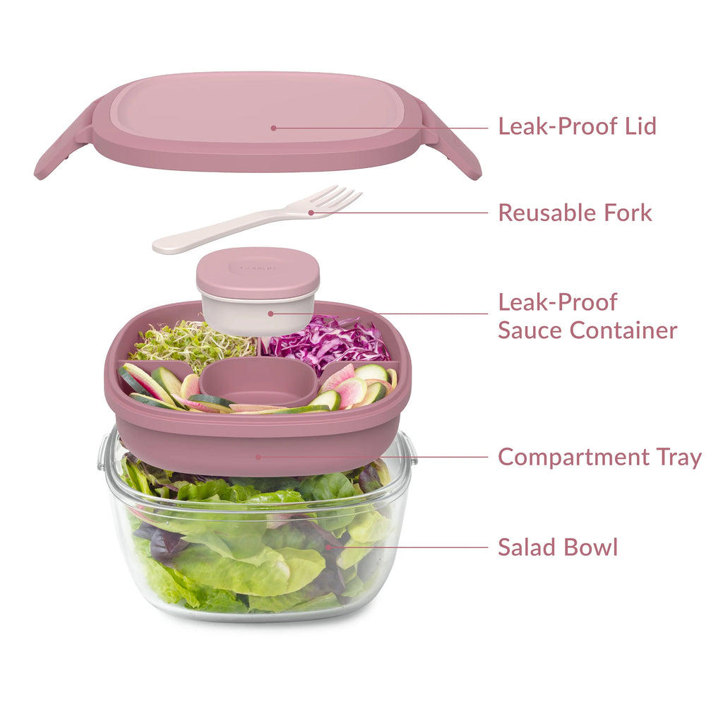 Leak-Proof Glass Salad Container with 61-oz Bowl, 4-Compartment Tray, 3-oz Sauce Container, and Reusable Fork (Dark Gray) X579629