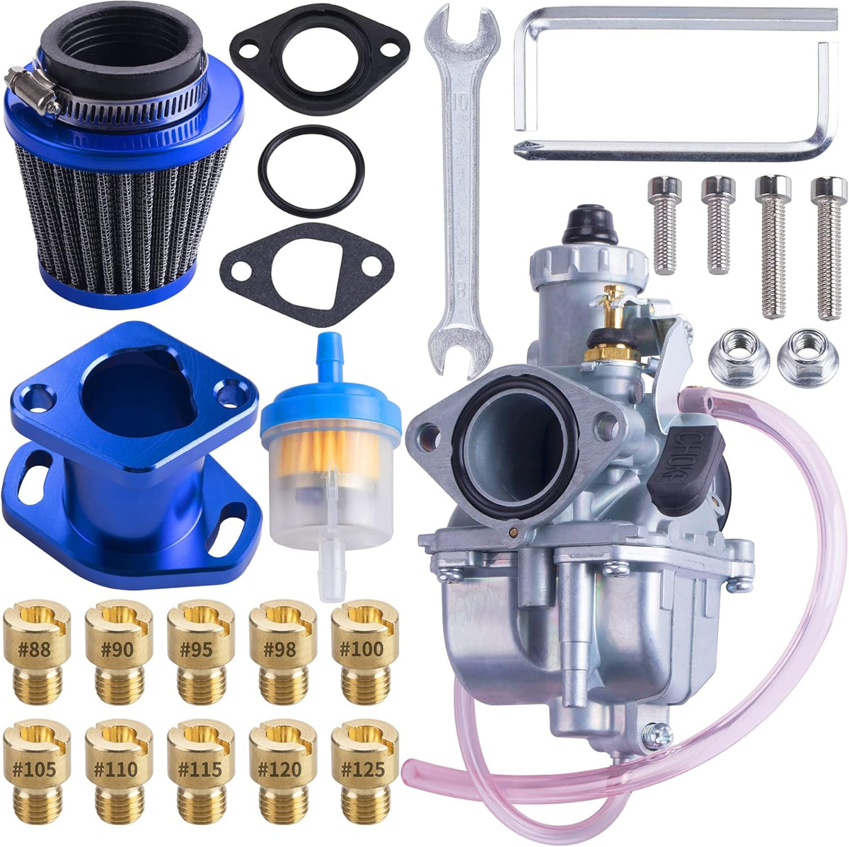 26mm Carburetor Carb Kit with Intake Pipe Mainfold Air Filter, Blue, Pack of 2 W912212