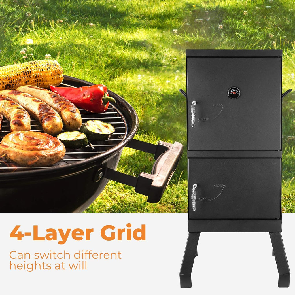 Black Square Charcoal Water Smoker and Grill with Thermometer A6185