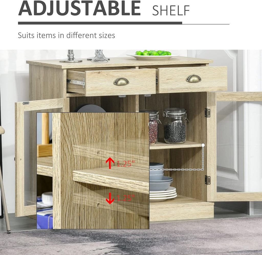 Rustic Oak Sideboard Storage Cabinet with 2 Glass Doors and 2 Drawers K530