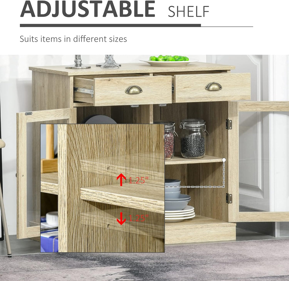 Rustic Oak Sideboard Storage Cabinet with 2 Glass Doors and 2 Drawers K530