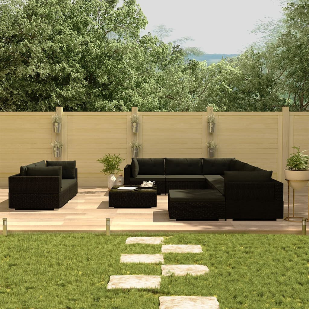 10 Piece Black Poly Rattan Outdoor Sectional Sofa Set I557567