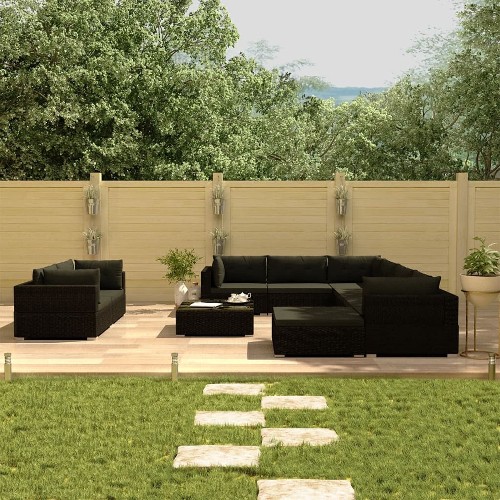 10 Piece Black Poly Rattan Outdoor Sectional Sofa Set I557567