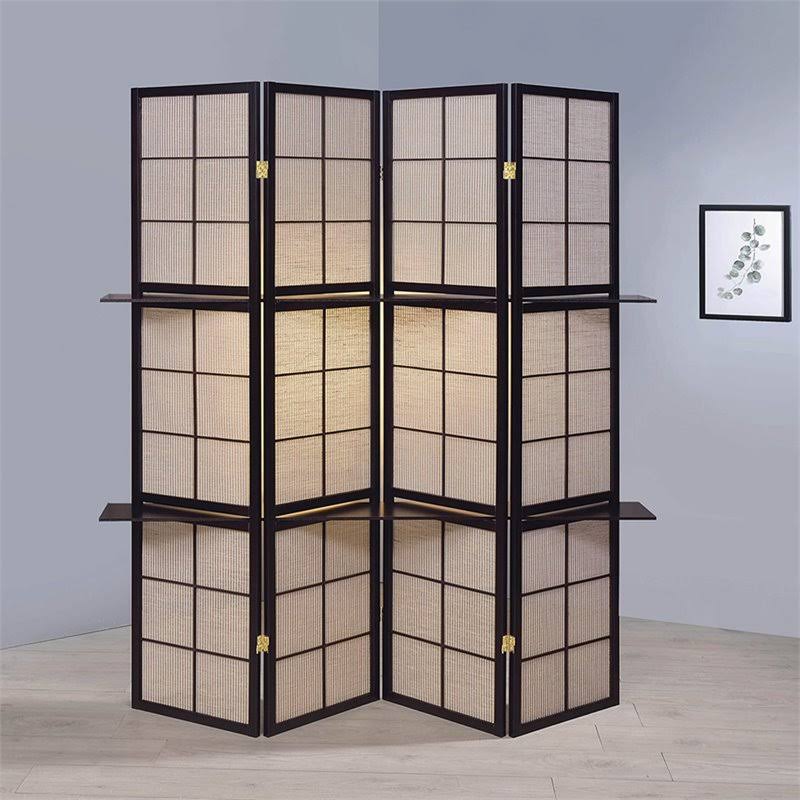 4 Panel 4 Shelf Room Divider in Tan and Cappuccino K6119
