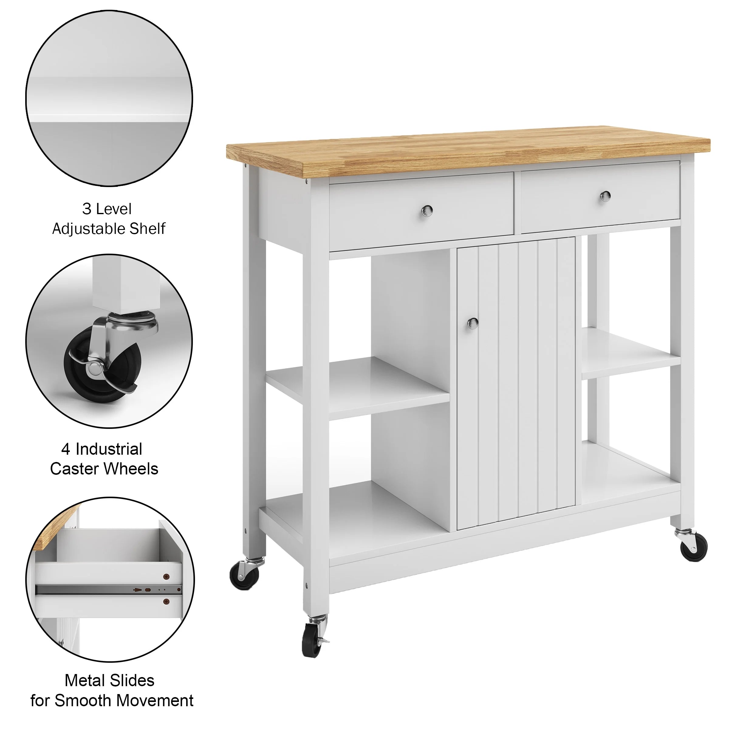 White 35-inch Kitchen Island Rolling Cart with Drawers and Casters F882