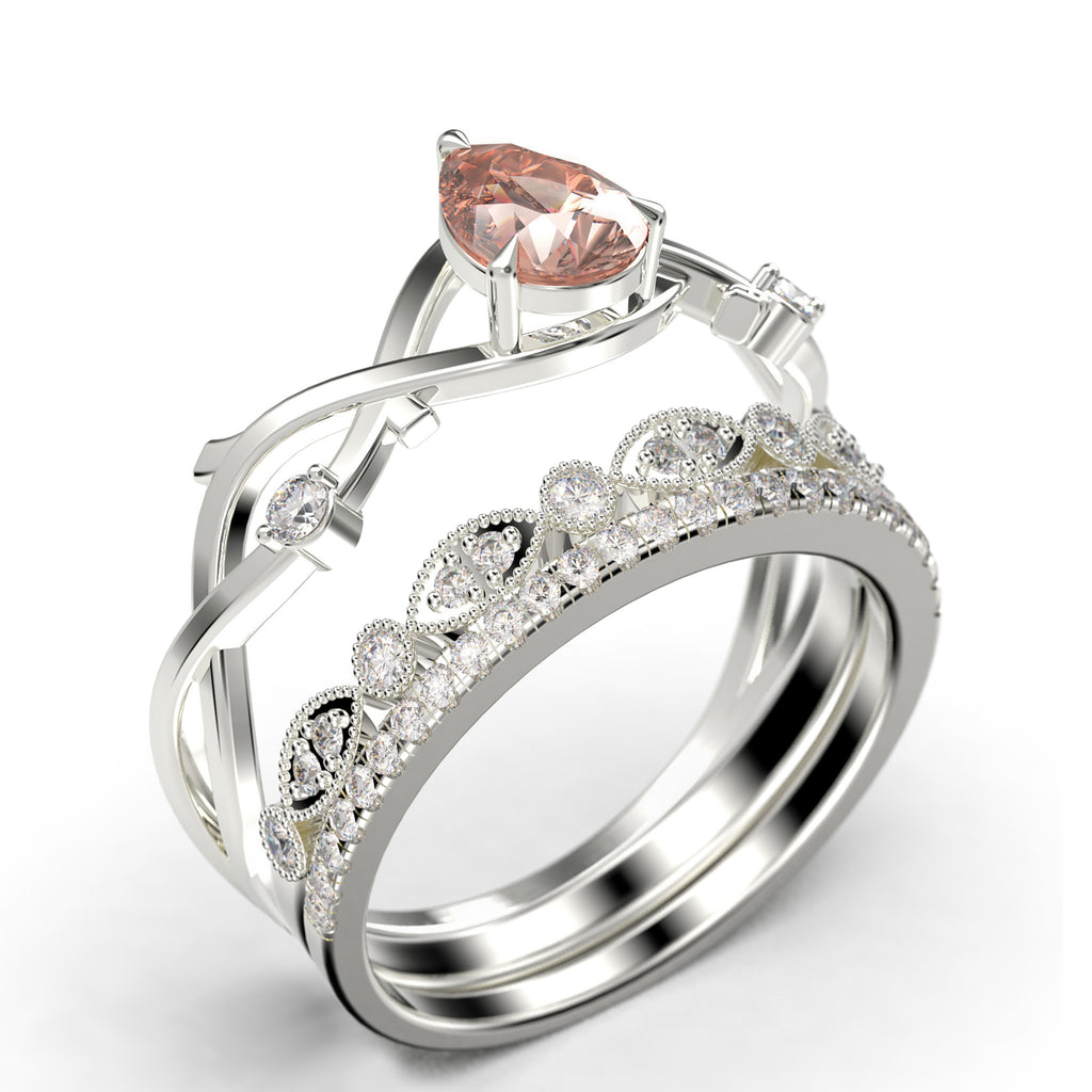 2.10 Carat Pear Cut Morganite And Diamond Moissanite Engagement Ring in 925 Sterling Silver With 18k White Gold Plating, Trio Ring Set U414