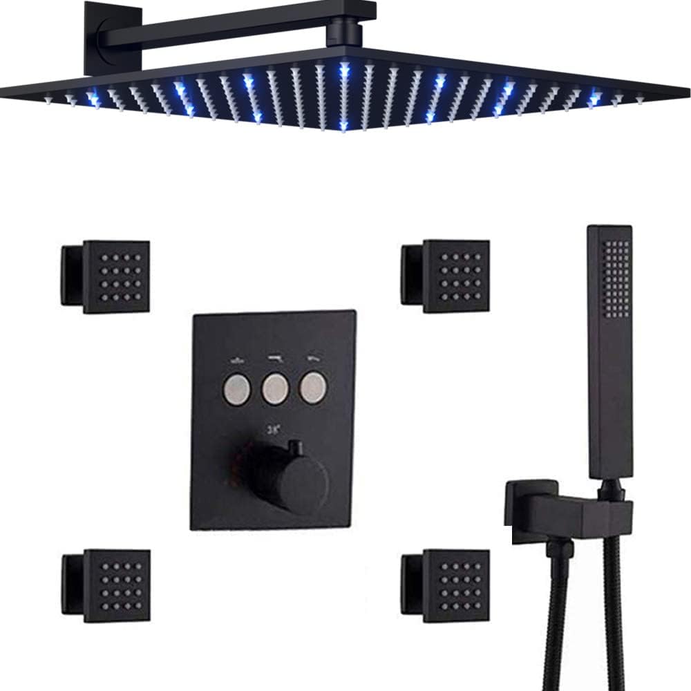 Black 12 Inch LED Rain Shower System With 4 PCS Body Sprays Handheld Shower Mixer Set G56397