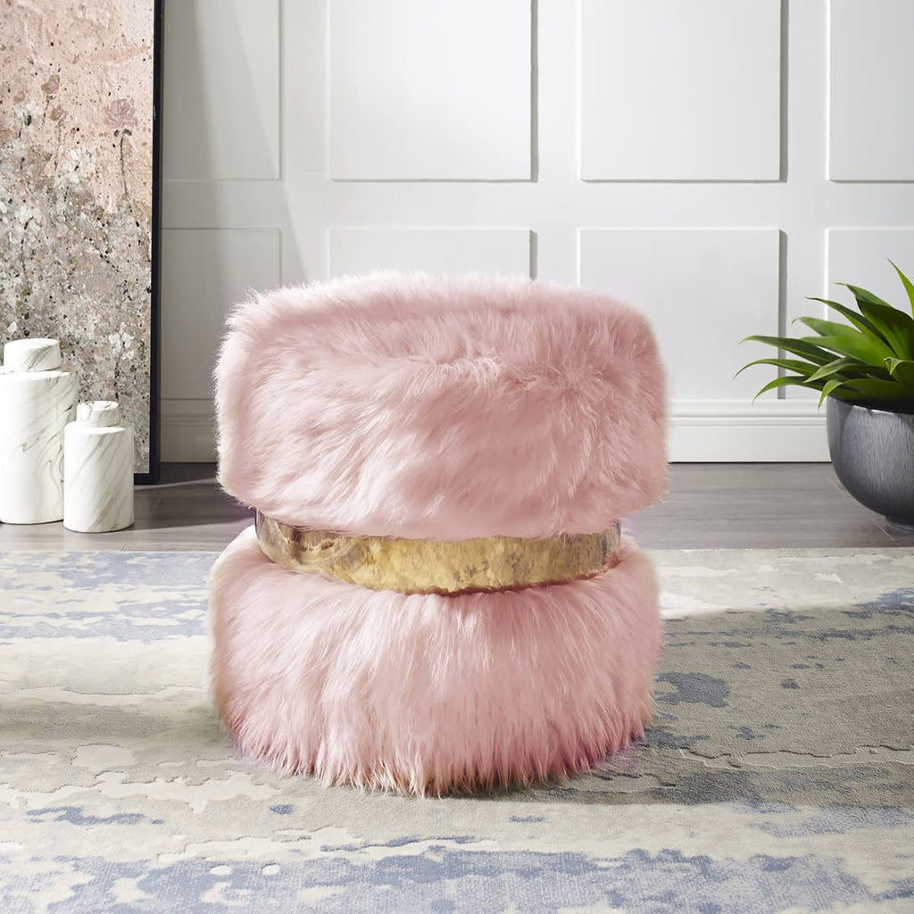 Blush/Gold Faux Fur Round Ottoman D282