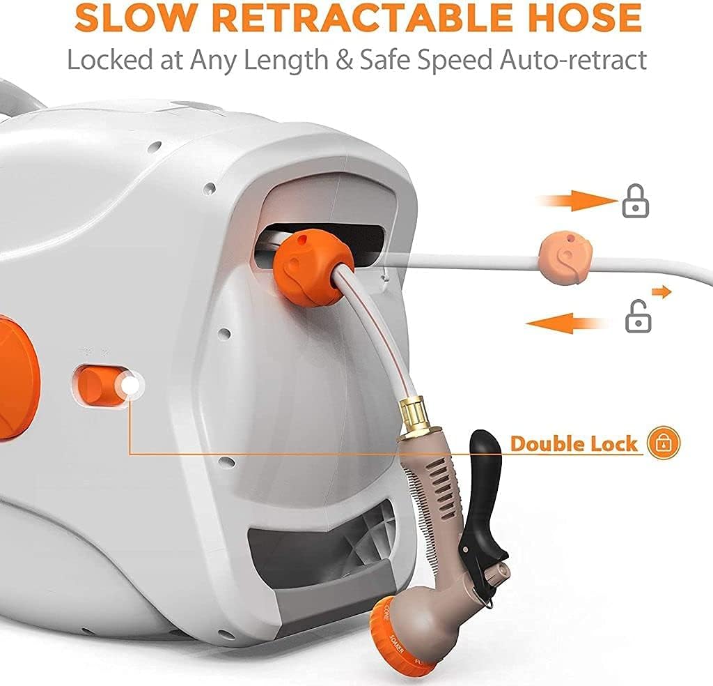 Wall Mount Retractable Garden Hose Reel, 82 FT 5/8 Inch, 8 Patterns Nozzles, Brass Connector Z886