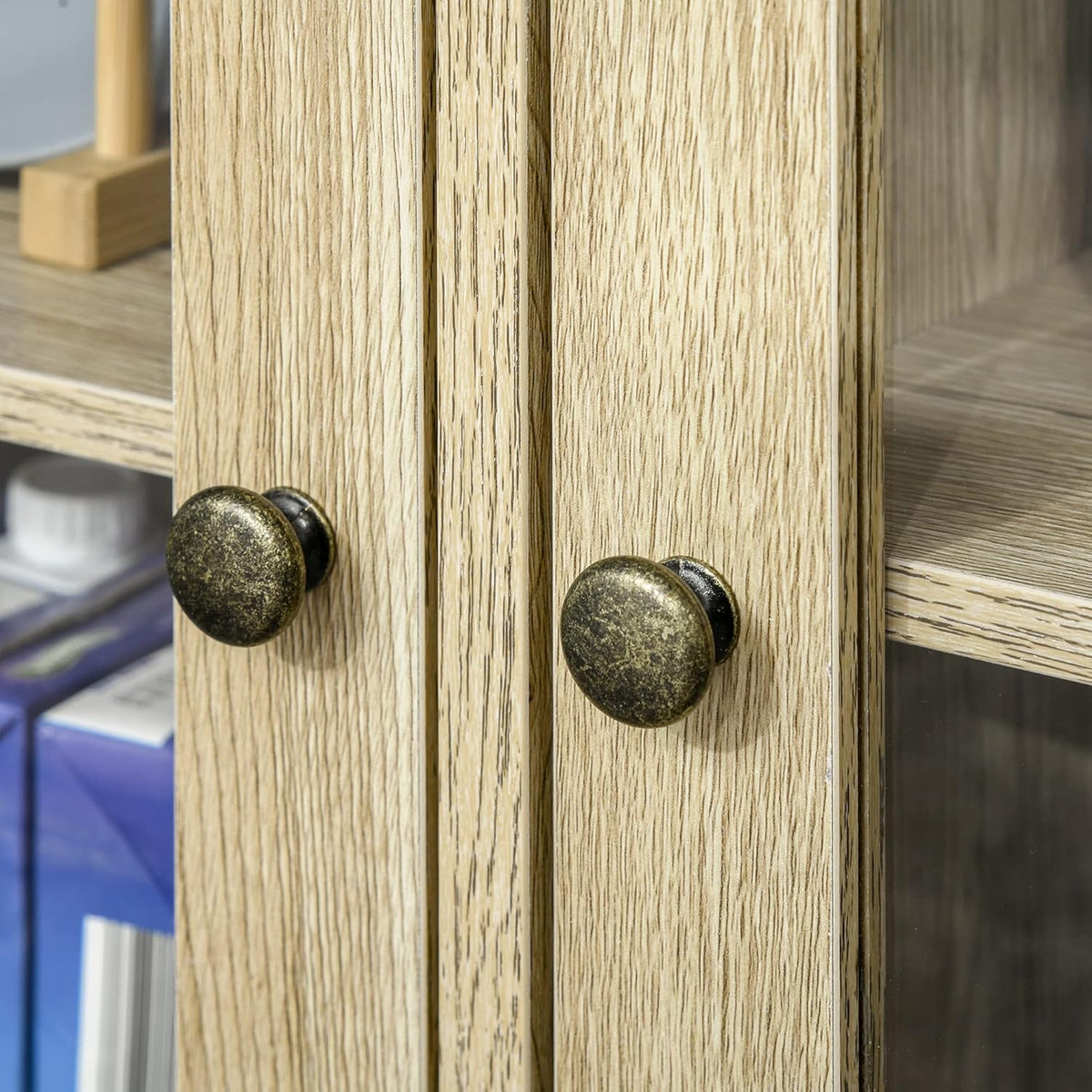 Rustic Oak Sideboard Storage Cabinet with 2 Glass Doors and 2 Drawers K530