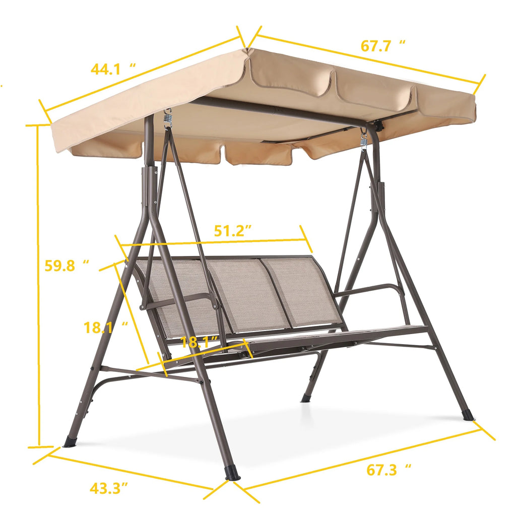3 Person Outdoor Patio Swing with Canopy Metal Frame Textilene Seats U619