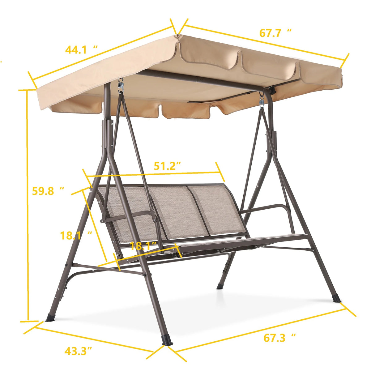 3 Person Outdoor Patio Swing with Canopy Metal Frame Textilene Seats U619