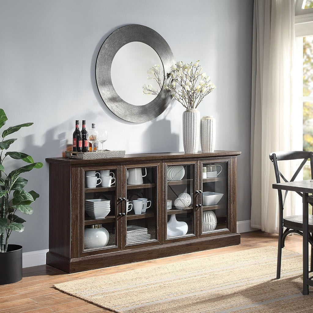 Rustic Grey Wood Sideboard Buffet with Storage Cabinet, Glass Doors, and Adjustable Shelves Z583